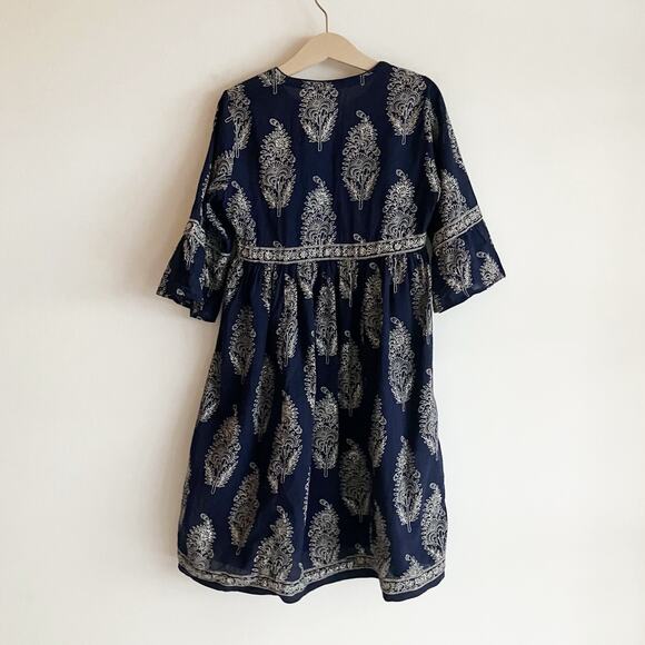 Anokhi Koki Girls Size 4-5 Dress 100% Cotton 3/4 Sleeve Dark Blue Paisley - Picture 5 of 11